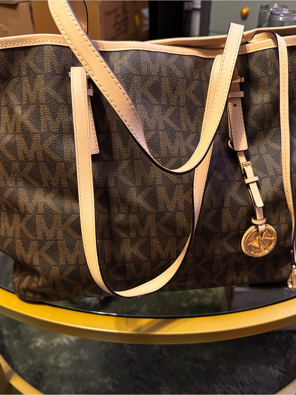 Michael Kors Brown MK Logo Tote with Tan Leather Trim and Gold Charm
